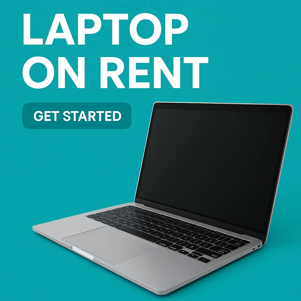 Laptop on rent ad by Aroma India with teal background and call-to-action